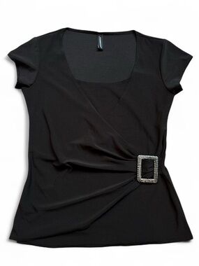 Short-Sleeve Faux-Wrap Top with Buckle Detail